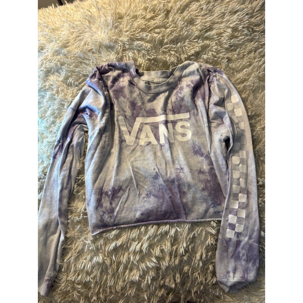 Vans Purple Tie Dye Long Sleeve Crop Top Checkerboard Sleeve Logo Tee